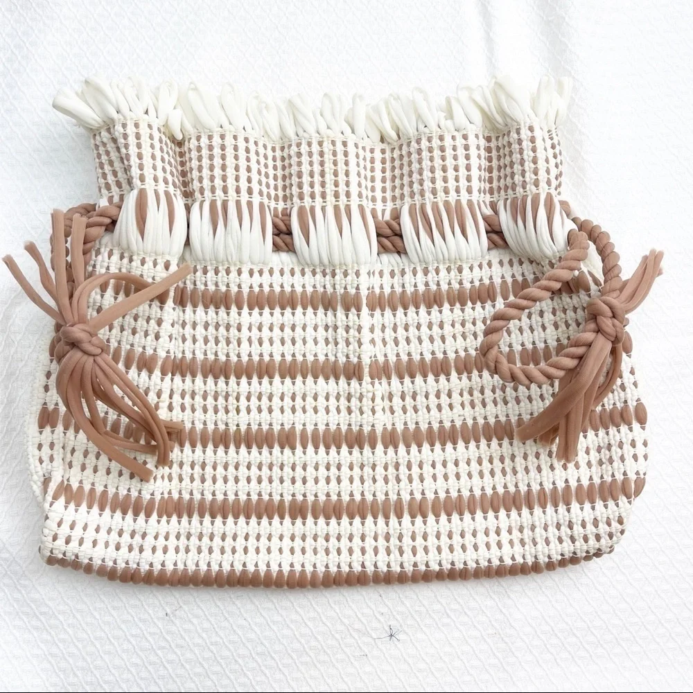 Handmade Stripe Crochet Pouch Cream Beige Tan Brown Pull‎ String Closure Sac Bag